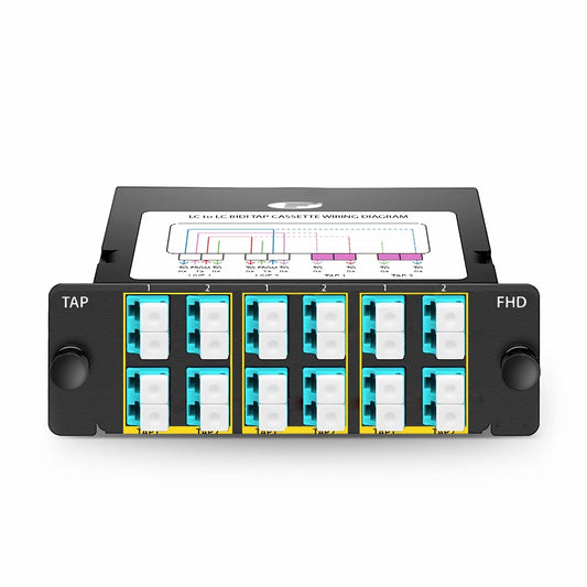 FHD™ BIDI LC TAP Cassette, OM4 Multimode, 6 x LC Duplex Live Ports, 6 x LC Duplex TAP Ports, 50/50 Split Ratio (Live/TAP), 40G