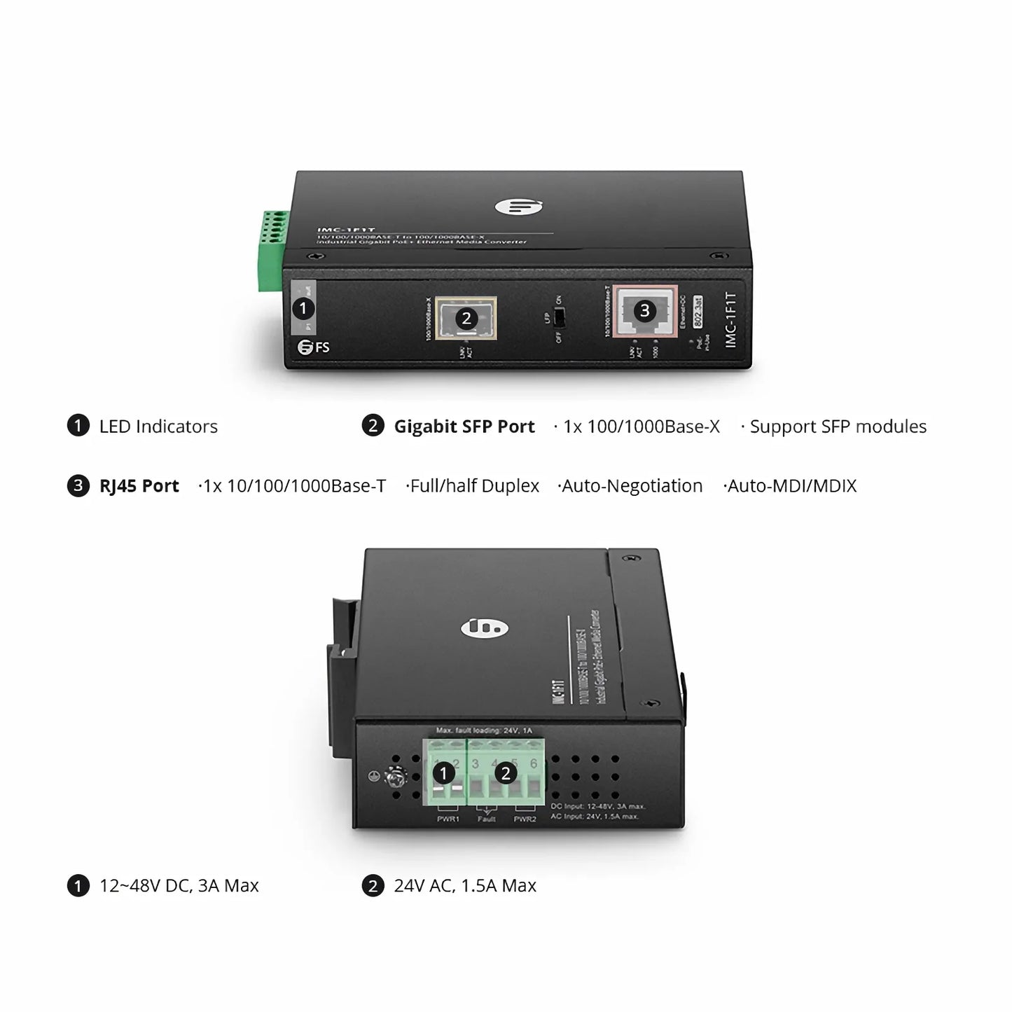 Industrial Unmanaged 1x 10/100/1000Base-T RJ45 to 1x 100/1000Base-X SFP Gigabit PoE+ Ethernet Media Converter