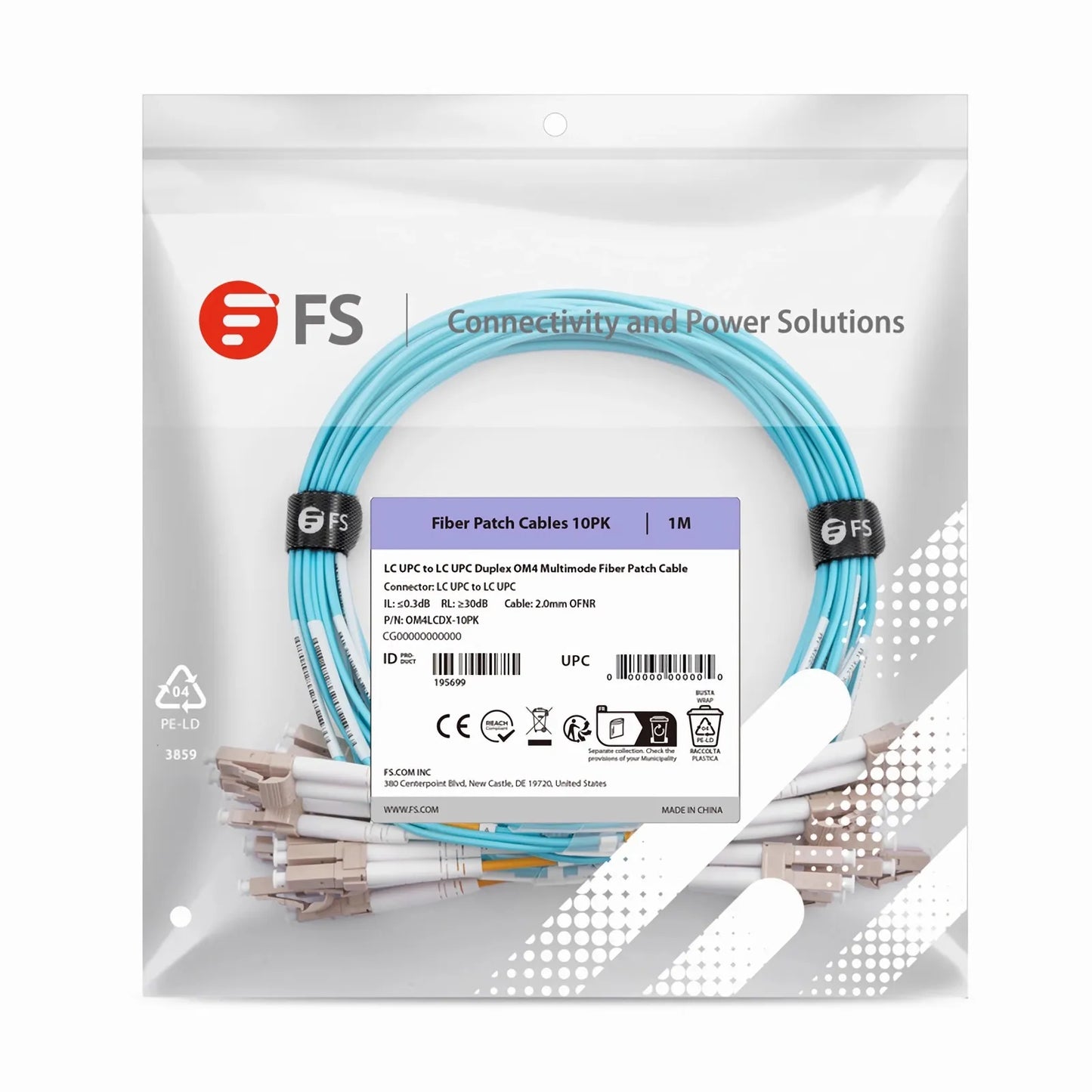 1m (3ft) Fiber Patch Cable, 2 Fibers, LC UPC Duplex to LC UPC Duplex, Multimode (OM4), Riser (OFNR), 2.0mm, Tight-Buffered, Aqua, 10 Pcs/Pack