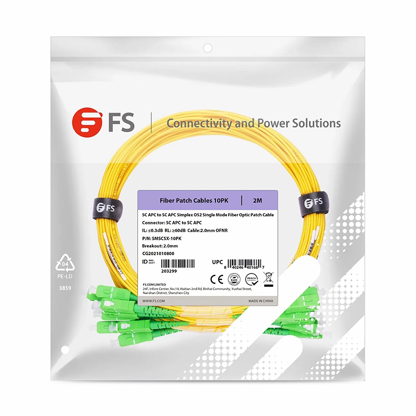 2m (7ft) Fiber Patch Cable, 1 Fiber, SC APC Simplex to SC APC Simplex, Single Mode (OS2), Riser (OFNR), 2.0mm, Tight-Buffered, Yellow, 10 Pcs/Pack