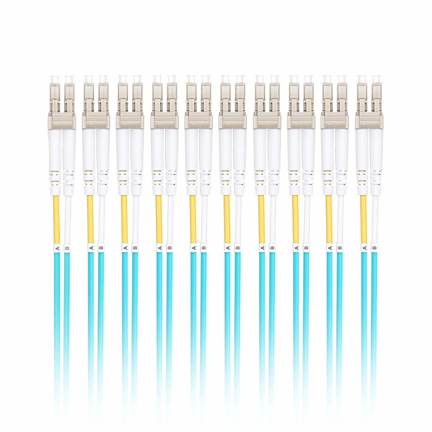 1m (3ft) Fiber Patch Cable, 2 Fibers, LC UPC Duplex to LC UPC Duplex, Multimode (OM4), Riser (OFNR), 2.0mm, Tight-Buffered, Aqua, 10 Pcs/Pack