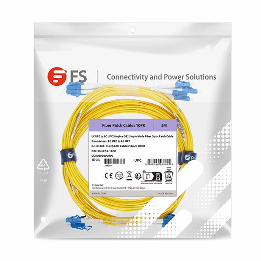 3m (10ft) Fiber Patch Cable, 1 Fiber, LC UPC Simplex to LC UPC Simplex, Single Mode (OS2), Riser (OFNR), 2.0mm, Tight-Buffered, Yellow, 10 Pcs/Pack