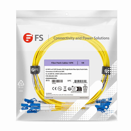 1m (3ft) Fiber Patch Cable, 1 Fiber, LC UPC Simplex to LC UPC Simplex, Single Mode (OS2), Riser (OFNR), 2.0mm, Tight-Buffered, Yellow, 10 Pcs/Pack