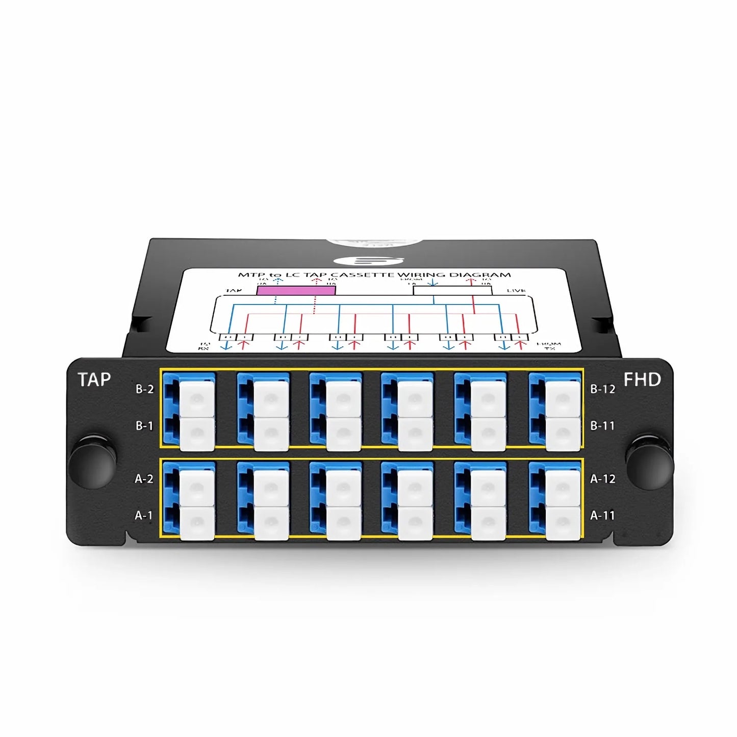 FHD™ MTP®-LC TAP Cassette, OS2 Single Mode, 12 x LC Duplex Live Ports, 2 x MTP®-12 Male Live Ports, 2 x MTP®-12 Male TAP Ports, 70/30 Split Ratio (Live/TAP), 10/40/100G