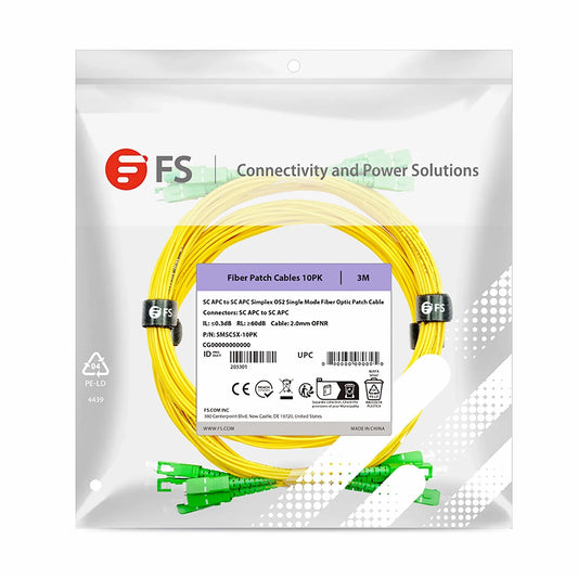 3m (10ft) Fiber Patch Cable, 1 Fiber, SC APC Simplex to SC APC Simplex, Single Mode (OS2), Riser (OFNR), 2.0mm, Tight-Buffered, Yellow, 10 Pcs/Pack