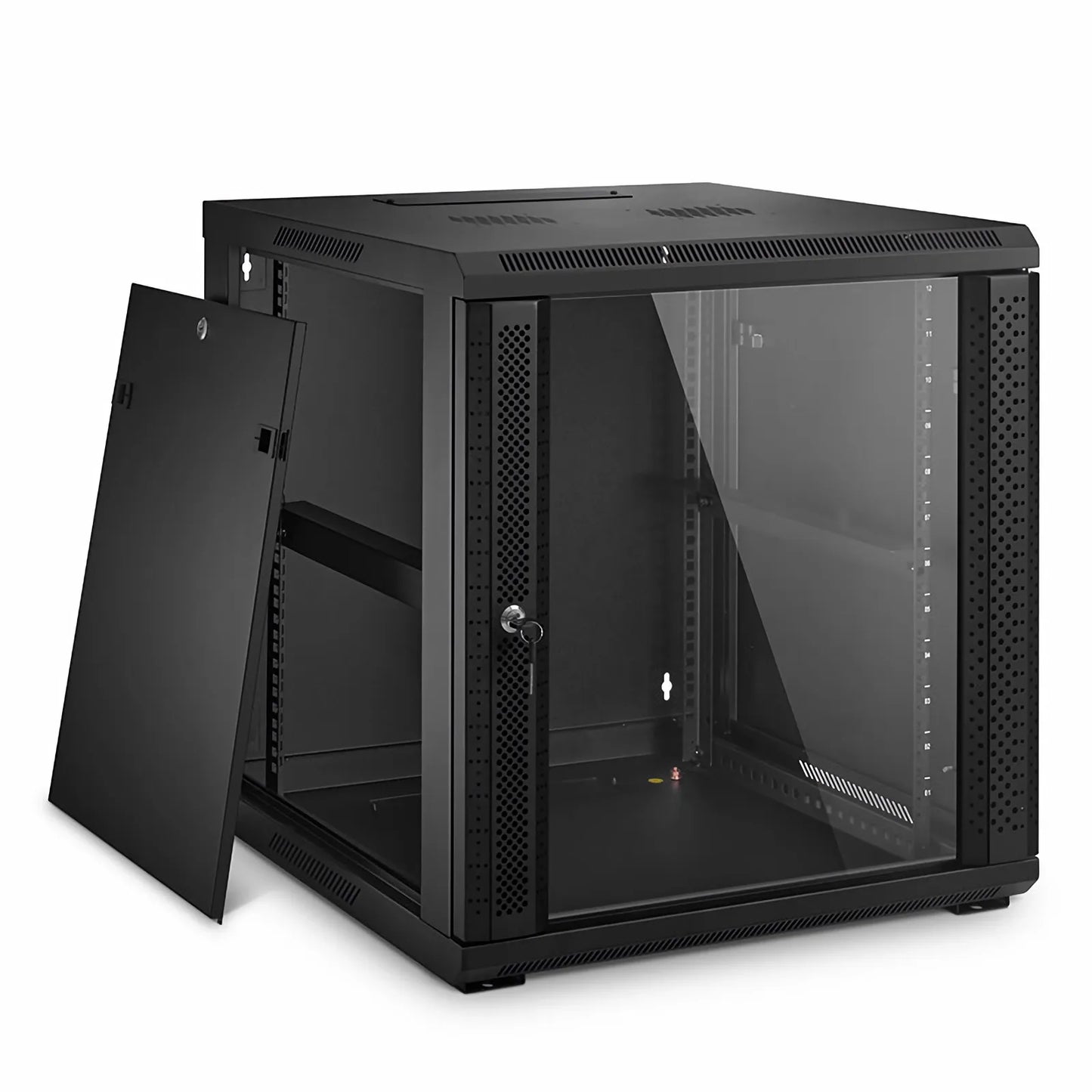 12U GW600-Series 19" 4-Post Black Wall Mount Cabinet with Glass Front Door and 4 Casters