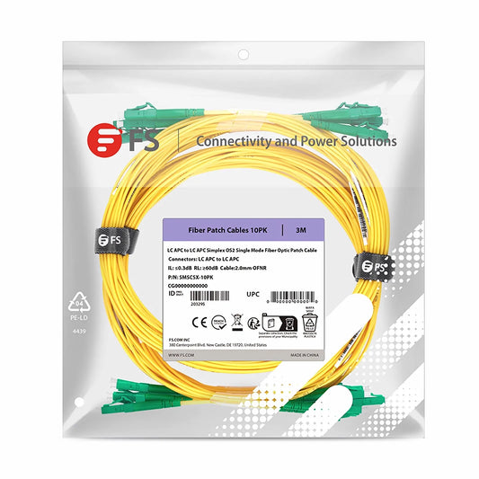 3m (10ft) Fiber Patch Cable, 1 Fiber, LC APC Simplex to LC APC Simplex, Single Mode (OS2), Riser (OFNR), 2.0mm, Tight-Buffered, Yellow, 10 Pcs/Pack