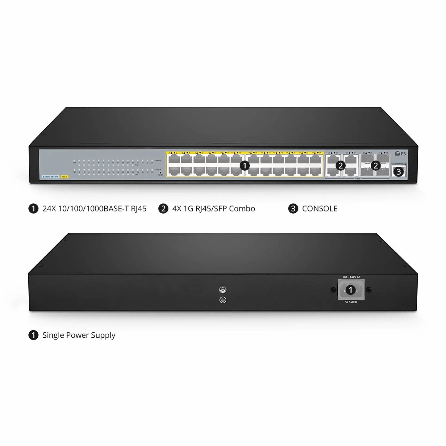S3400-24T4FP, 24-Port Gigabit Ethernet L2+ PoE+ Switch, 24 x PoE+ Ports @370W, with 4 x 1Gb Combo Uplinks, Support ERPS