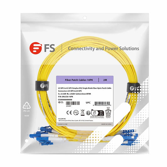 2m (7ft) Fiber Patch Cable, 1 Fiber, LC UPC Simplex to LC UPC Simplex, Single Mode (OS2), Riser (OFNR), 2.0mm, Tight-Buffered, Yellow, 10 Pcs/Pack