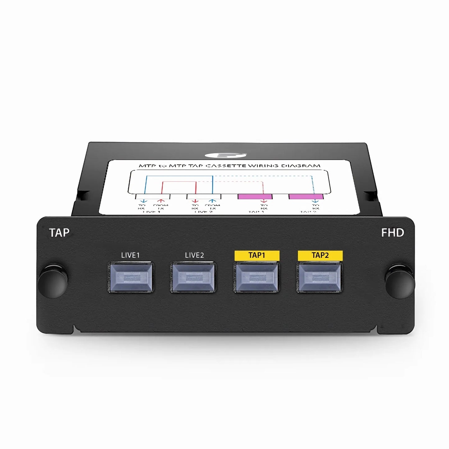 FHD™ MTP® TAP Cassette, OM4 Multimode, 2 x MTP®-8 Male Live Ports, 2 x MTP®-8 Male TAP Ports, 50/50 Split Ratio (Live/TAP), 40/100G