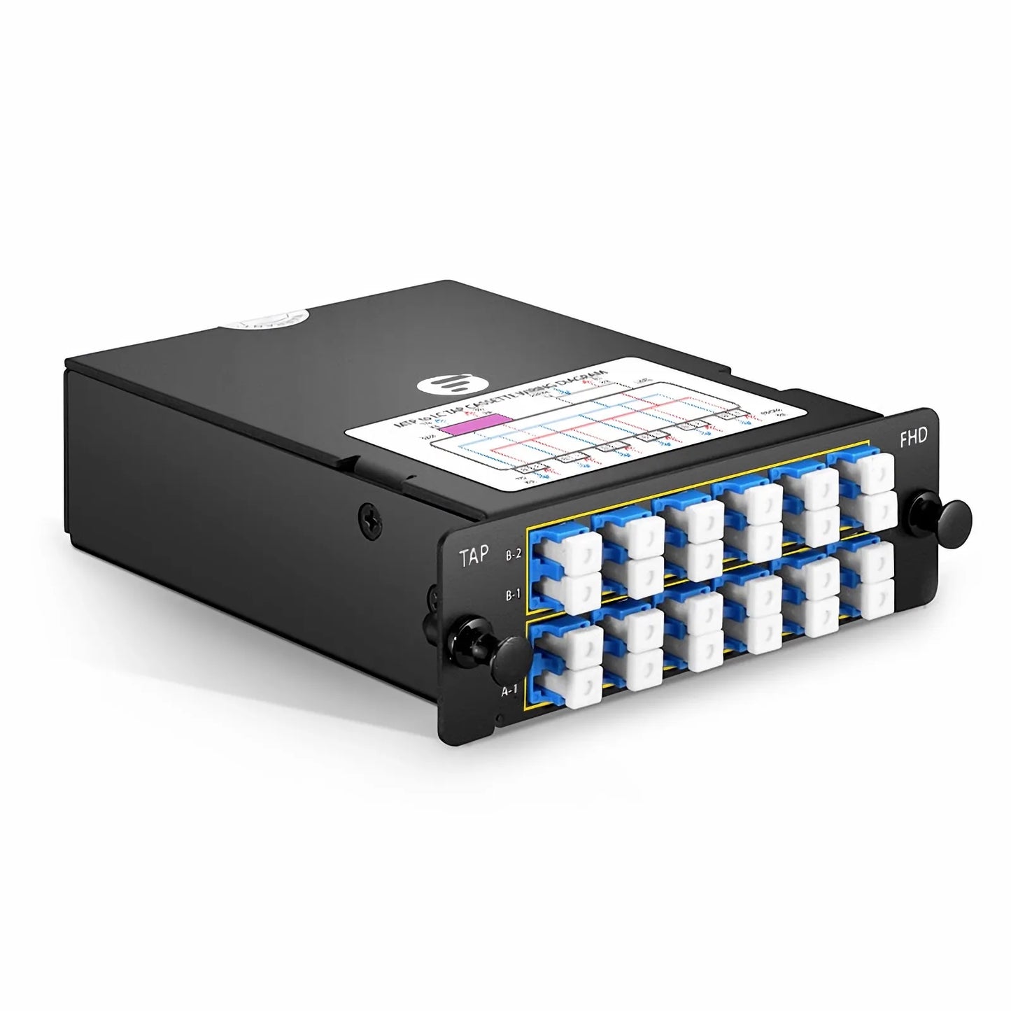 FHD™ MTP®-LC TAP Cassette, OS2 Single Mode, 12 x LC Duplex Live Ports, 2 x MTP®-12 Male Live Ports, 2 x MTP®-12 Male TAP Ports, 70/30 Split Ratio (Live/TAP), 10/40/100G