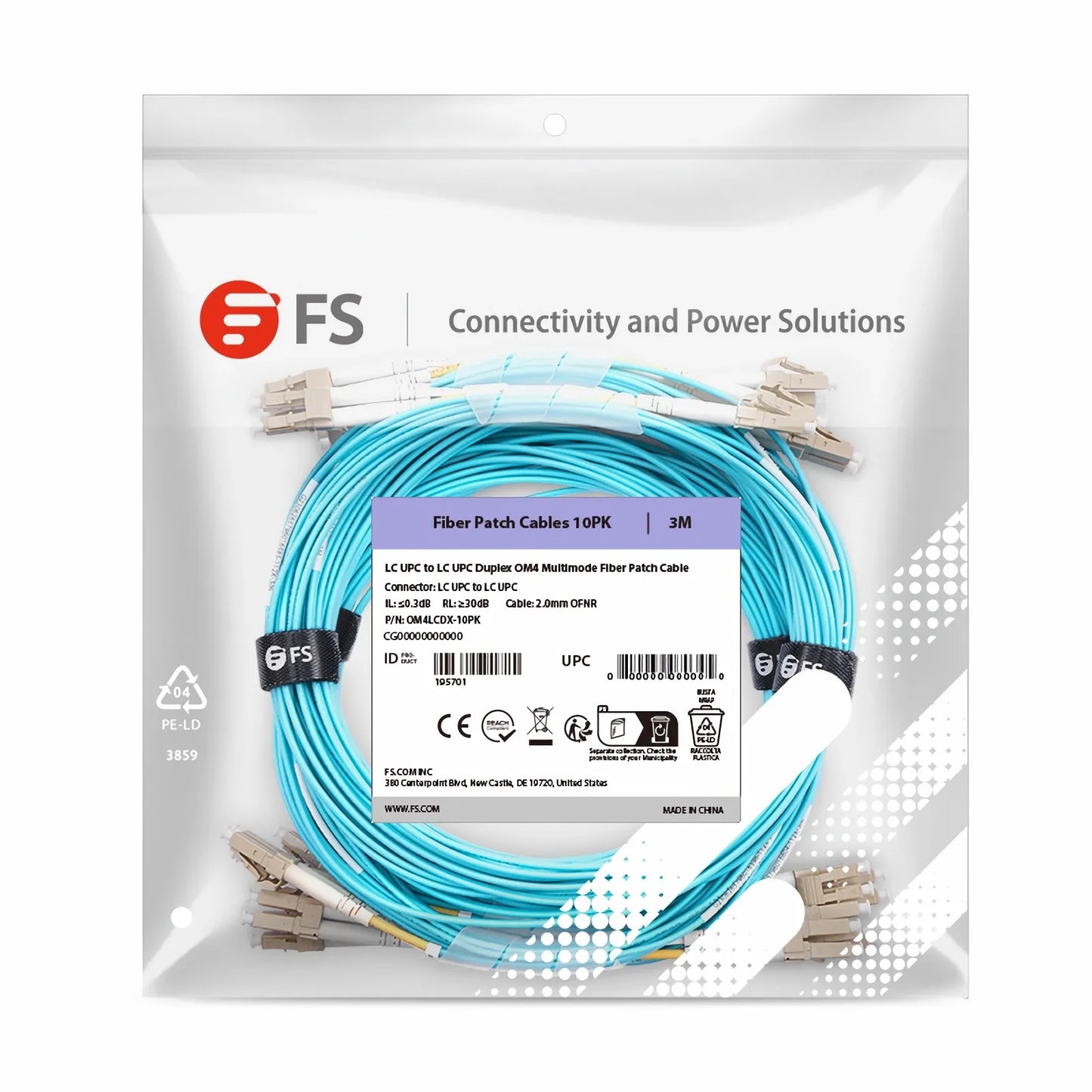 3m (10ft) Fiber Patch Cable, 2 Fibers, LC UPC Duplex to LC UPC Duplex, Multimode (OM4), Riser (OFNR), 2.0mm, Tight-Buffered, Aqua, 10 Pcs/Pack