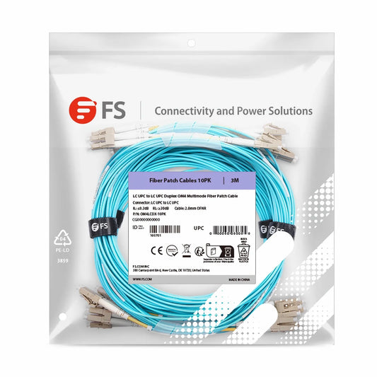 3m (10ft) Fiber Patch Cable, 2 Fibers, LC UPC Duplex to LC UPC Duplex, Multimode (OM4), Riser (OFNR), 2.0mm, Tight-Buffered, Aqua, 10 Pcs/Pack