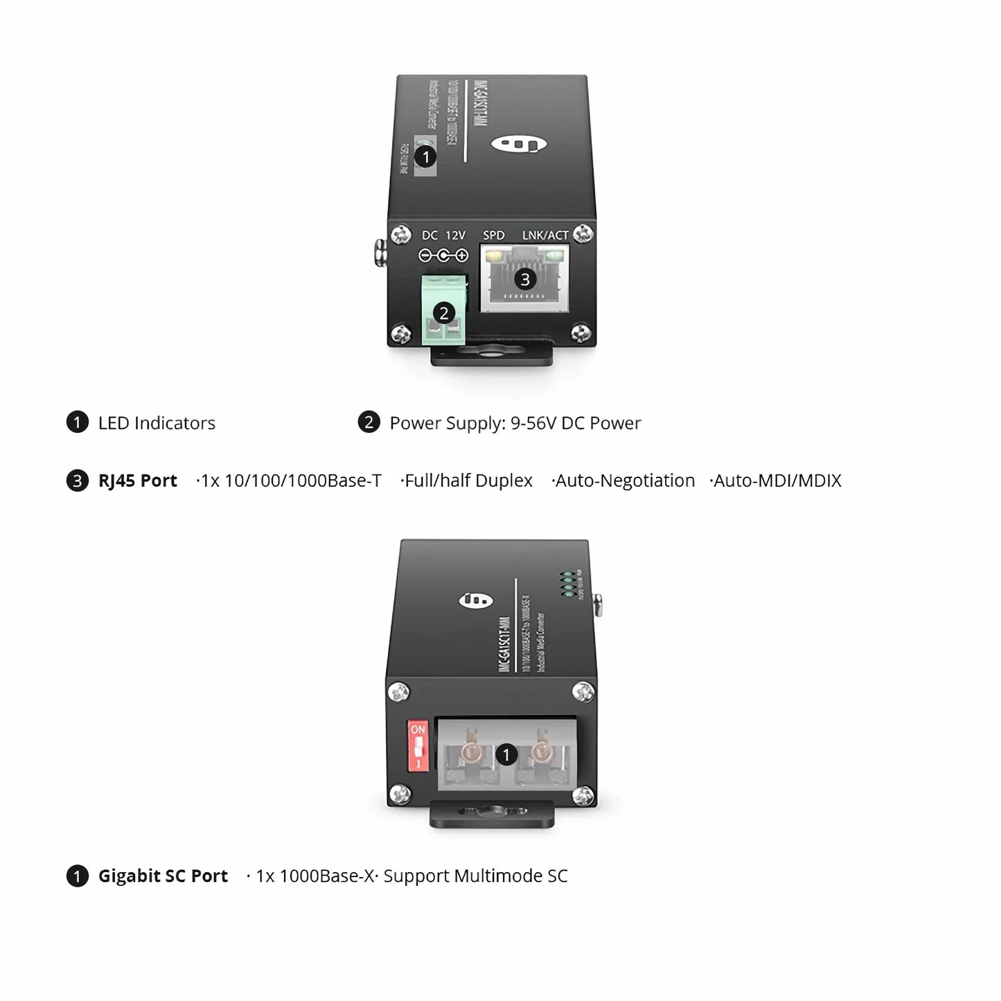 Mini Industrial 1x 10/100/1000Base-T RJ45 to 1x 1000Base-X Multimode SC 850nm 220/550m Gigabit Ethernet Media Converter, American Plug Standard