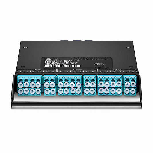 FHZ™ MTP®-LC Cassette, OM4 Multimode, Universal, 36 Fibers, 3 x MTP®-12 (Male) to 6 x LC Duplex and 6 x LC Quad (Aqua), 0.35dB Max.