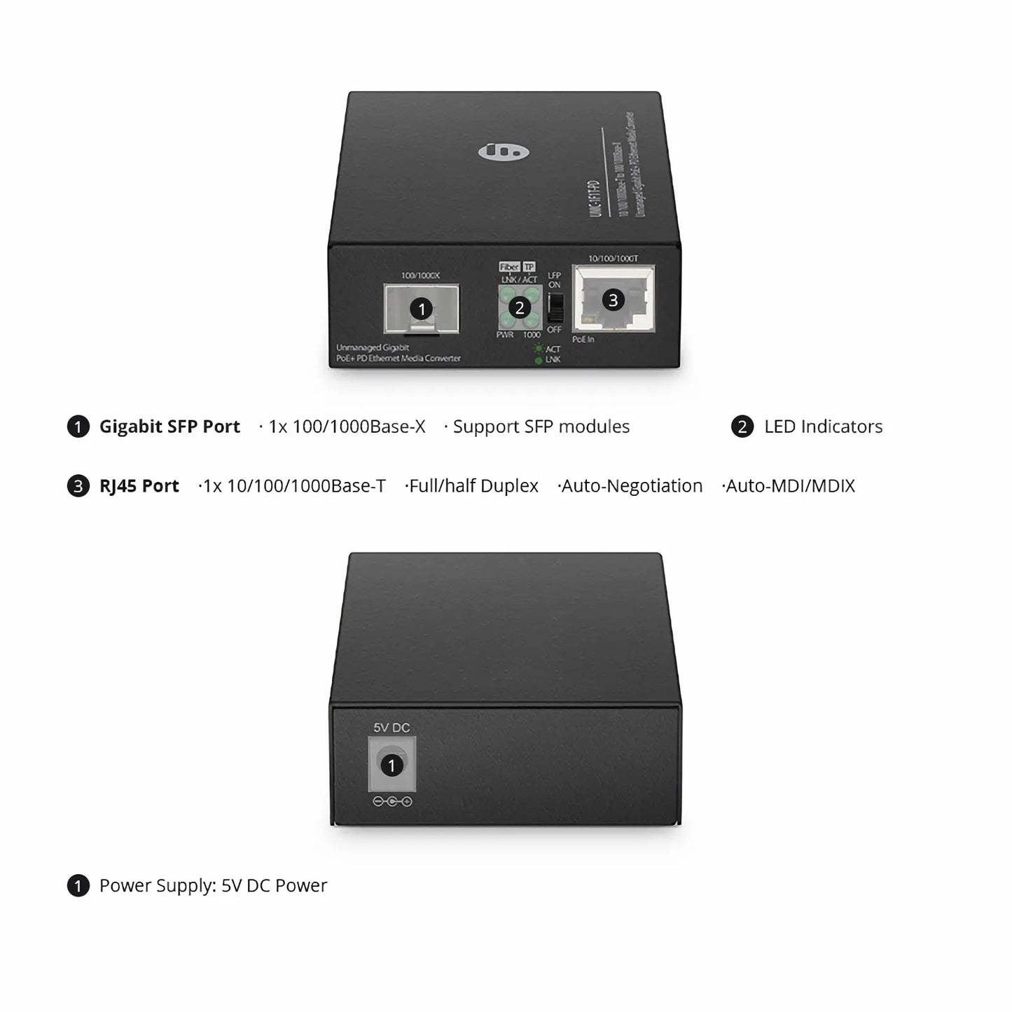 Unmanaged 1x 10/100/1000Base-T RJ45 to 1x 100/1000Base-X SFP Gigabit Ethernet PoE+ PD Media Converter