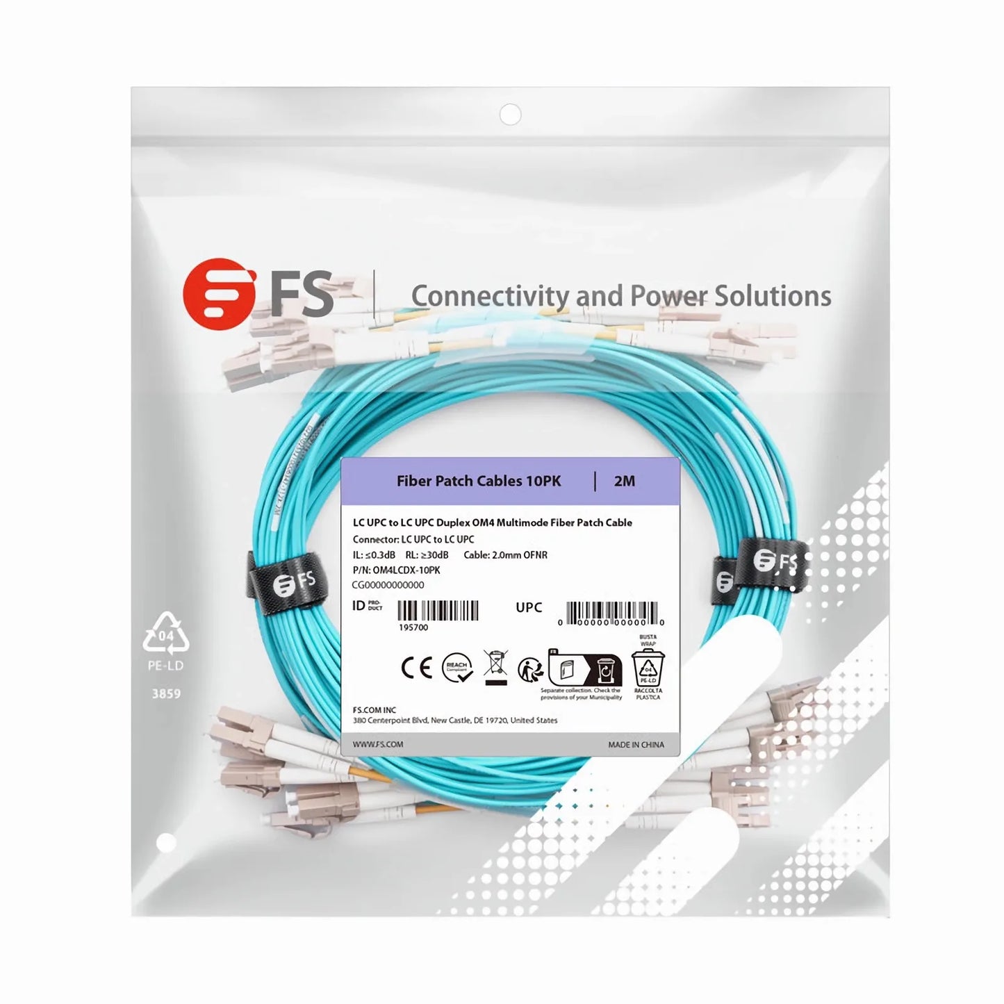 2m (7ft) Fiber Patch Cable, 2 Fibers, LC UPC Duplex to LC UPC Duplex, Multimode (OM4), Riser (OFNR), 2.0mm, Tight-Buffered, Aqua, 10 Pcs/Pack