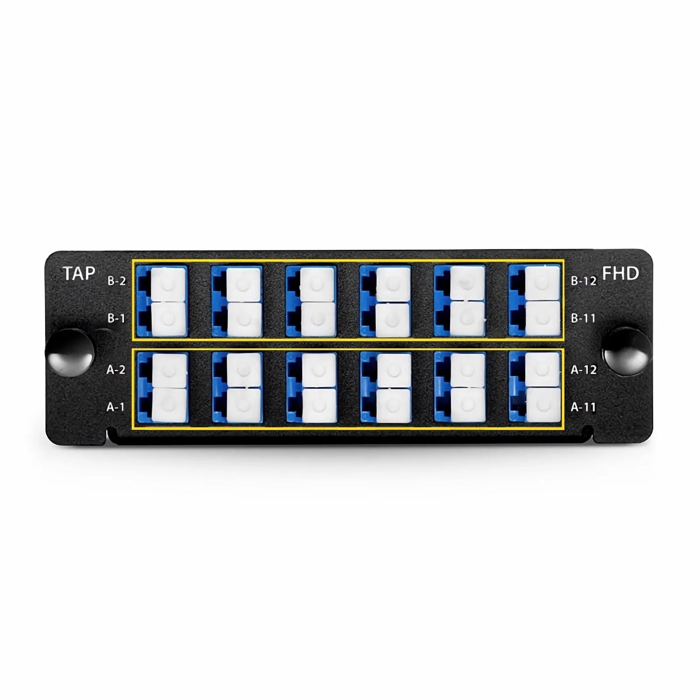 FHD™ MTP®-LC TAP Cassette, OS2 Single Mode, 12 x LC Duplex Live Ports, 2 x MTP®-12 Male Live Ports, 2 x MTP®-12 Male TAP Ports, 70/30 Split Ratio (Live/TAP), 10/40/100G