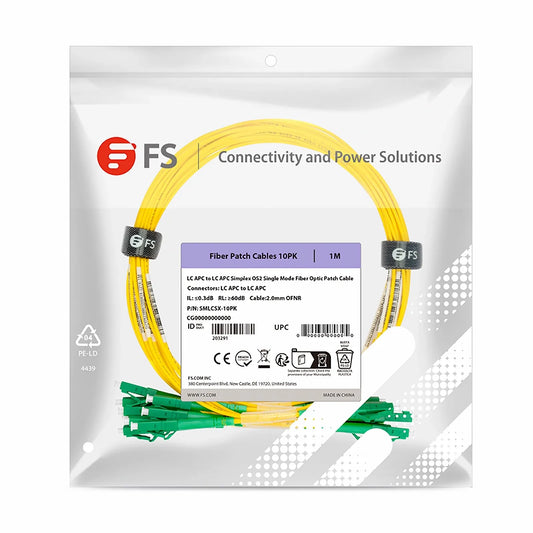 1m (3ft) Fiber Patch Cable, 1 Fiber, LC APC Simplex to LC APC Simplex, Single Mode (OS2), Riser (OFNR), 2.0mm, Tight-Buffered, Yellow, 10 Pcs/Pack