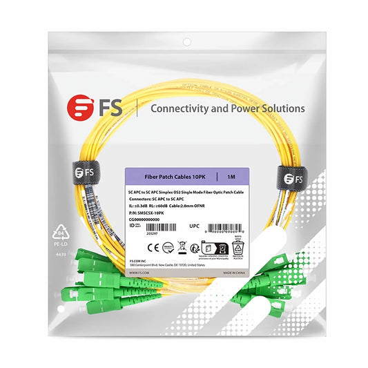 1m (3ft) Fiber Patch Cable, 1 Fiber, SC APC Simplex to SC APC Simplex, Single Mode (OS2), Riser (OFNR), 2.0mm, Tight-Buffered, Yellow, 10 Pcs/Pack