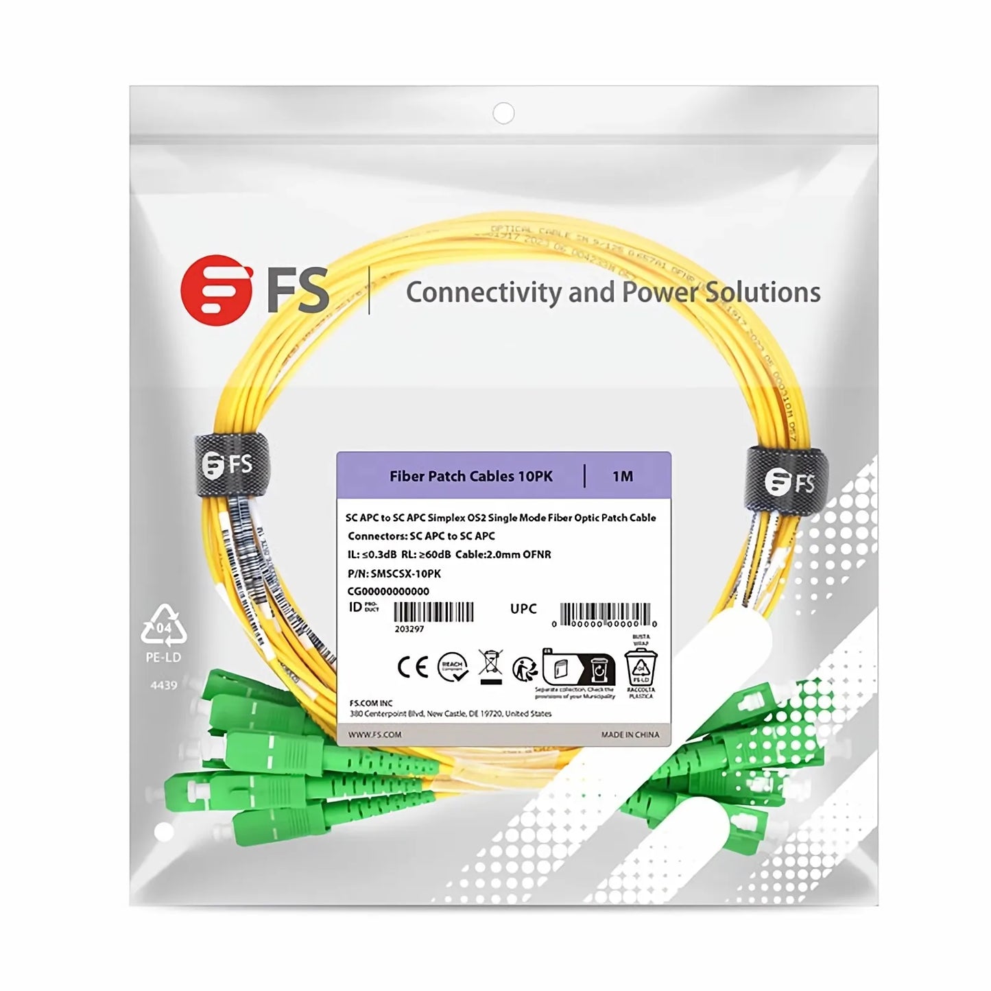 1m (3ft) Fiber Patch Cable, 1 Fiber, SC APC Simplex to SC APC Simplex, Single Mode (OS2), Riser (OFNR), 2.0mm, Tight-Buffered, Yellow, 10 Pcs/Pack