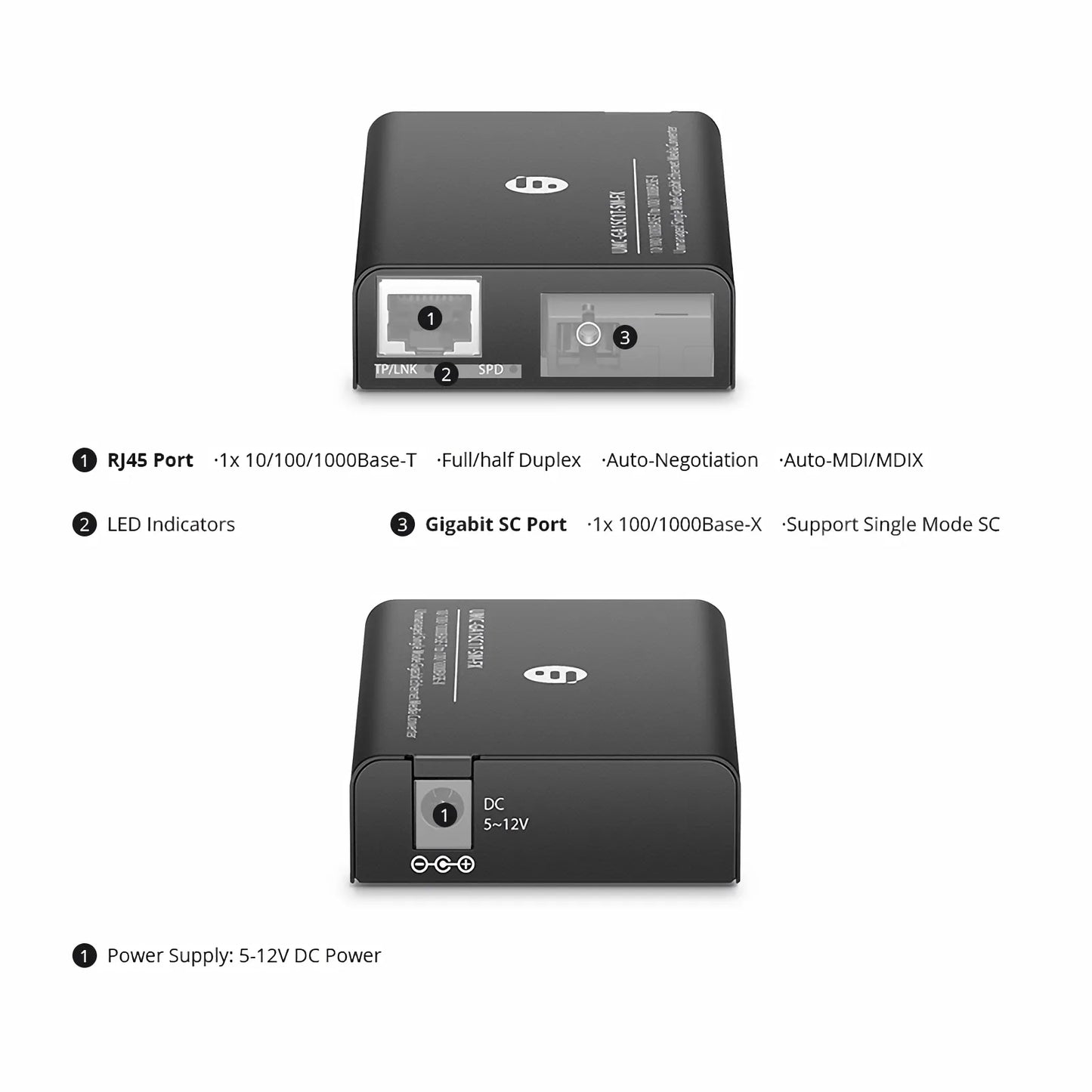Mini Unmanaged 1x 10/100/1000Base-T RJ45 to 1x 100/1000Base-X Single Mode SC 1550/1310nm 20km Gigabit Ethernet Media Converter, American Plug Standard