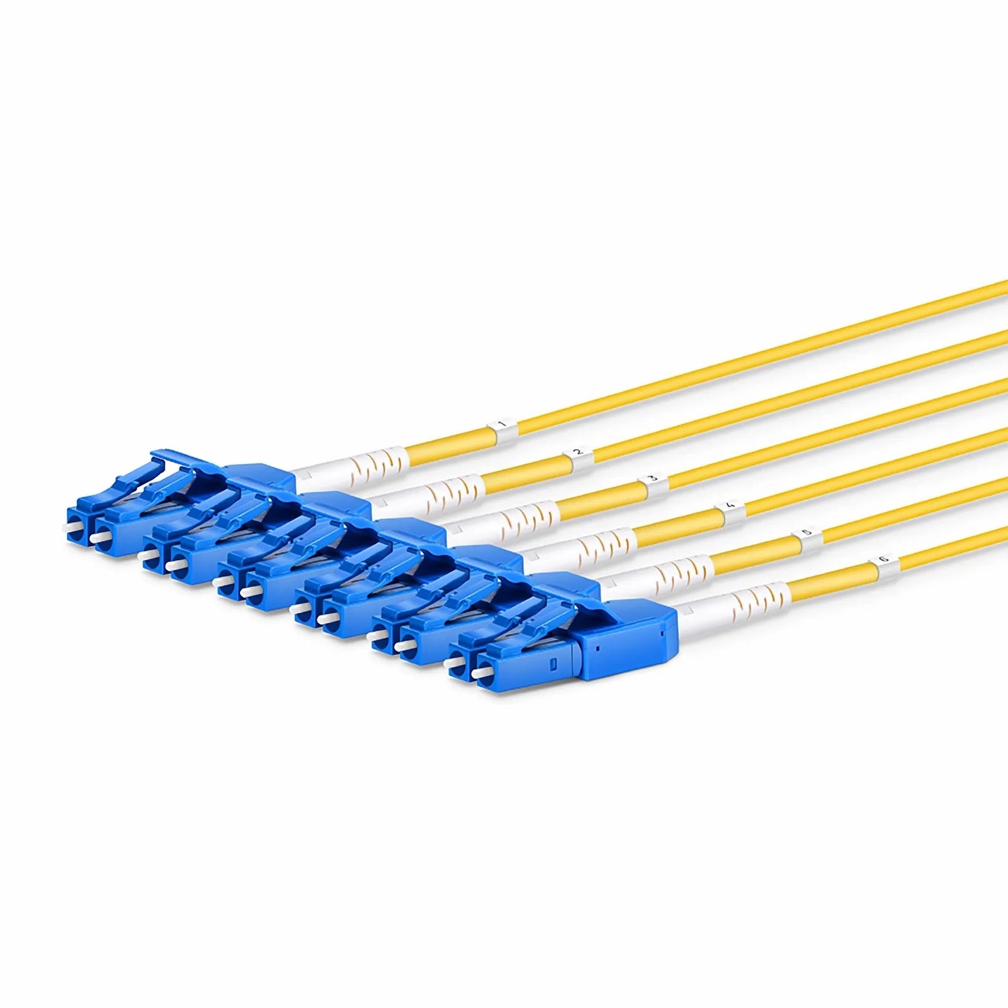 30m (98ft) MTP® Hybrid Trunk Cable, MTP®-12 APC (Female) to 6 LC UPC Duplex Uniboot, 24 Fibers, Single Mode (OS2), Plenum (OFNP), 0.35dB Max, Type B, Double Jacket, Yellow