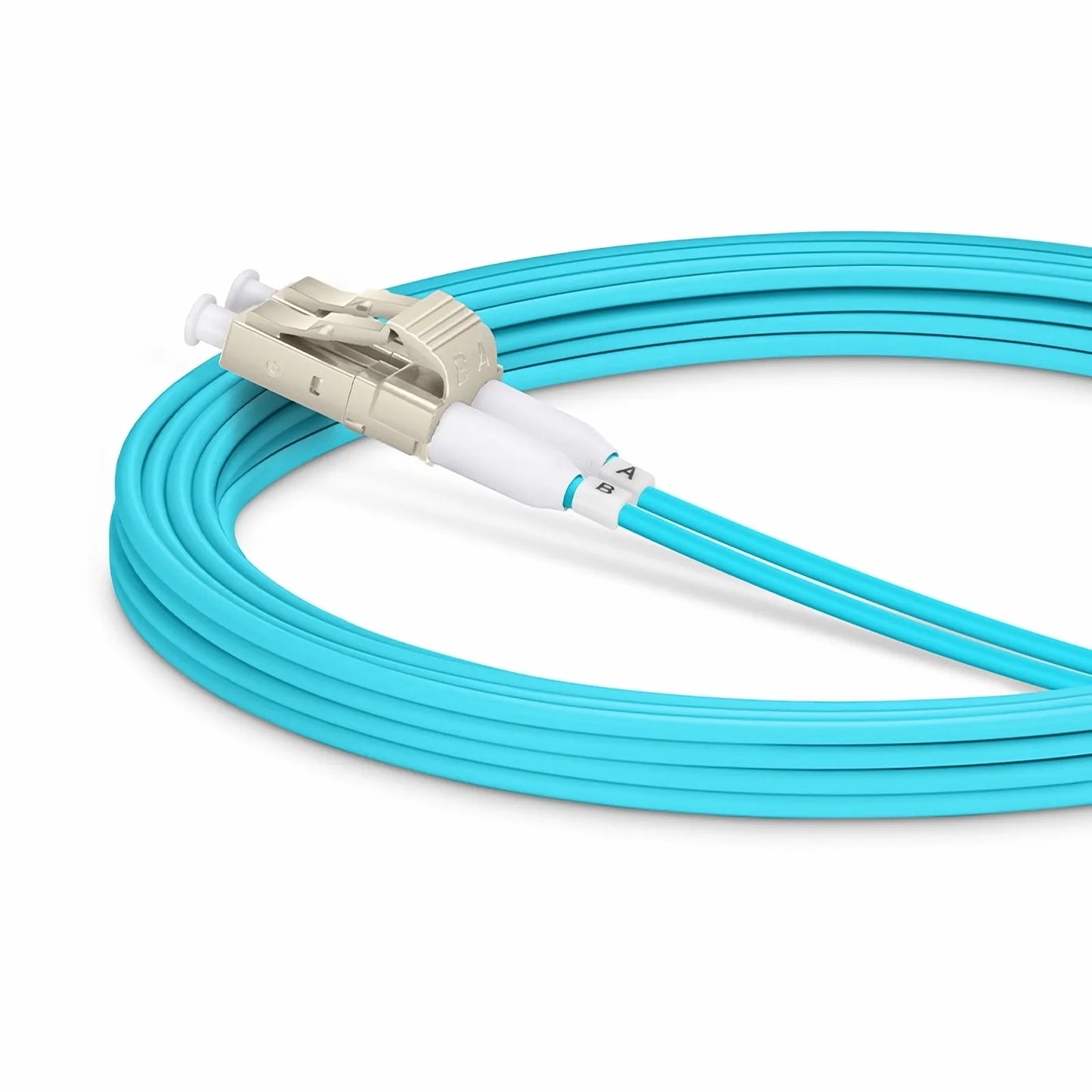 3m (10ft) Fiber Patch Cable, 2 Fibers, Short Boot, LC UPC Duplex to LC UPC Duplex, Multimode (OM3), Riser (OFNR), 2.0mm, Tight-Buffered, Aqua