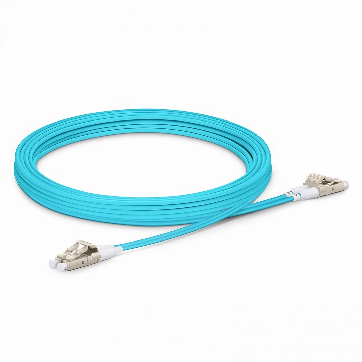 3m (10ft) Fiber Patch Cable, 2 Fibers, Short Boot, LC UPC Duplex to LC UPC Duplex, Multimode (OM3), Riser (OFNR), 2.0mm, Tight-Buffered, Aqua