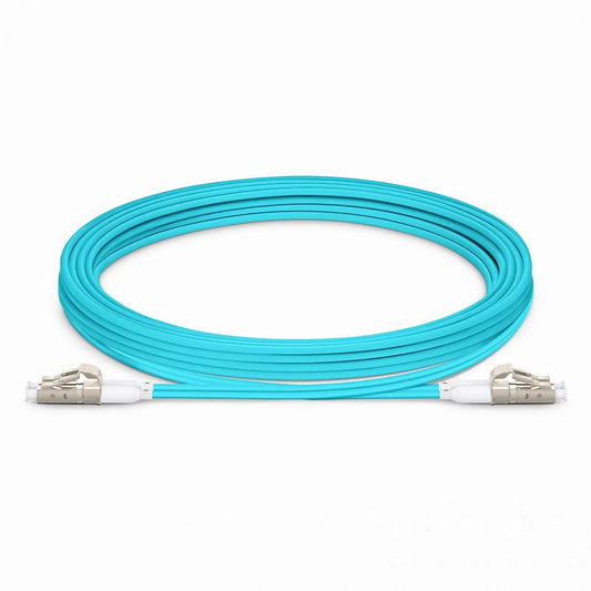 3m (10ft) Fiber Patch Cable, 2 Fibers, Short Boot, LC UPC Duplex to LC UPC Duplex, Multimode (OM3), Riser (OFNR), 2.0mm, Tight-Buffered, Aqua