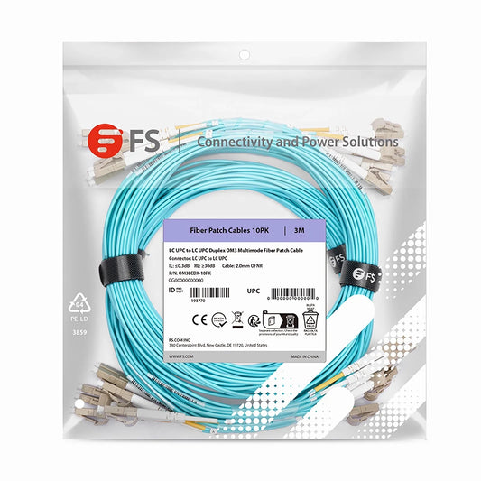 3m (10ft) Fiber Patch Cable, 2 Fibers, LC UPC Duplex to LC UPC Duplex, Multimode (OM3), Riser (OFNR), 2.0mm, Tight-Buffered, Aqua, 10 Pcs/Pack