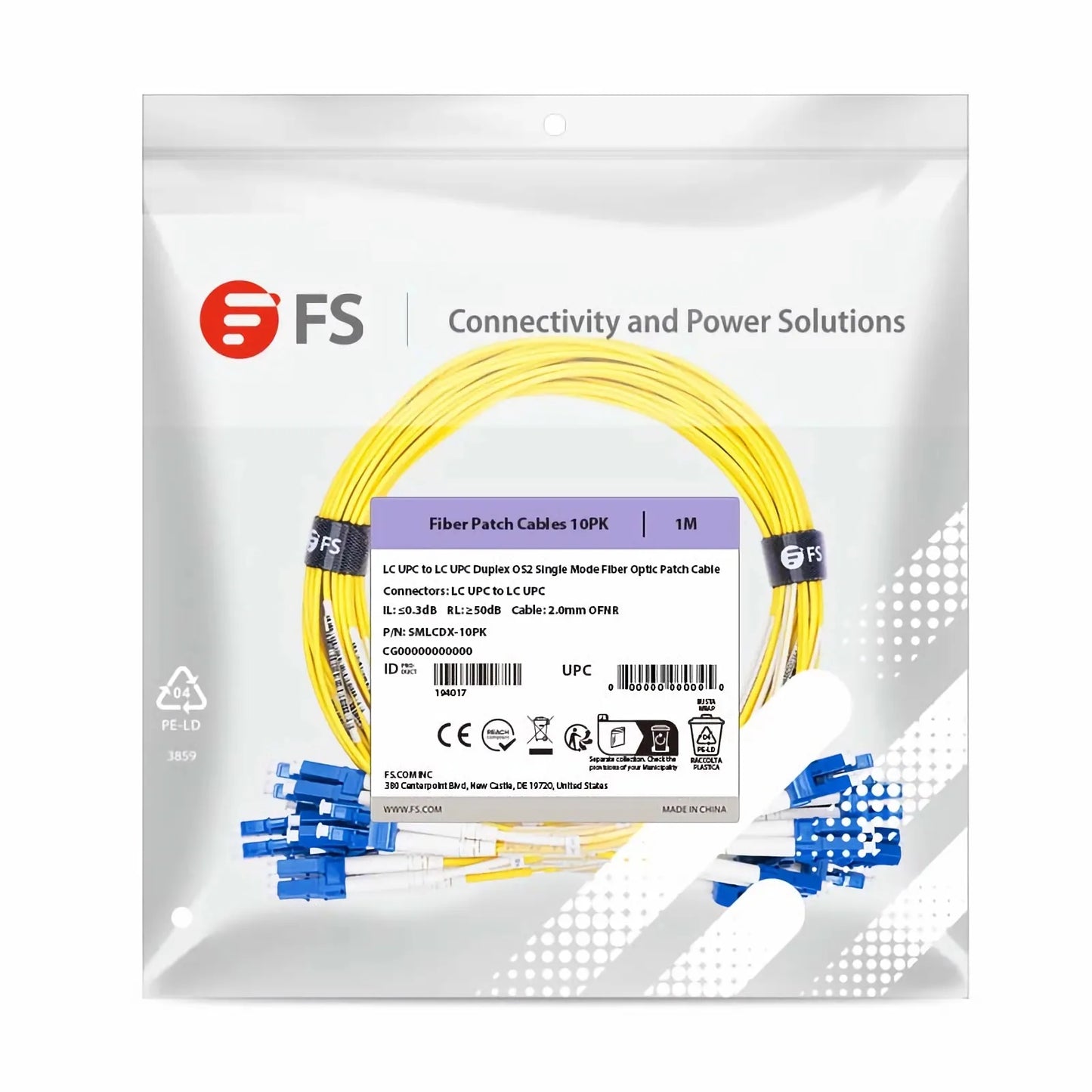 1m (3ft) Fiber Patch Cable, 2 Fibers, LC UPC Duplex to LC UPC Duplex, Single Mode (OS2), Riser (OFNR), 2.0mm, Tight-Buffered, Yellow, 10 Pcs/Pack