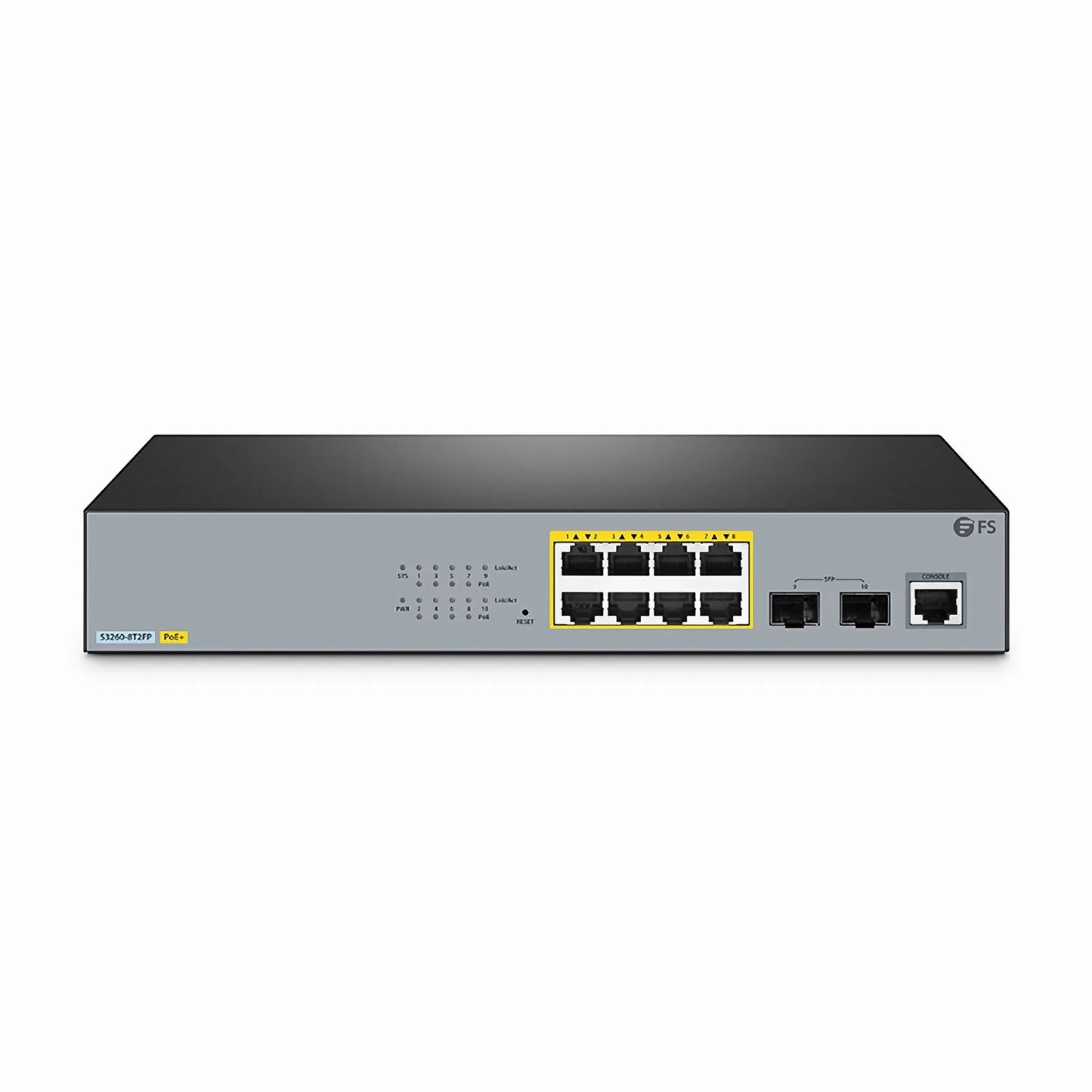 S3260-8T2FP, 8-Port Gigabit Ethernet L2+ PoE+ Switch, 8 x PoE+ Ports @240W, with 2 x 1Gb SFP Uplinks, Support IEEE 802.3af/at