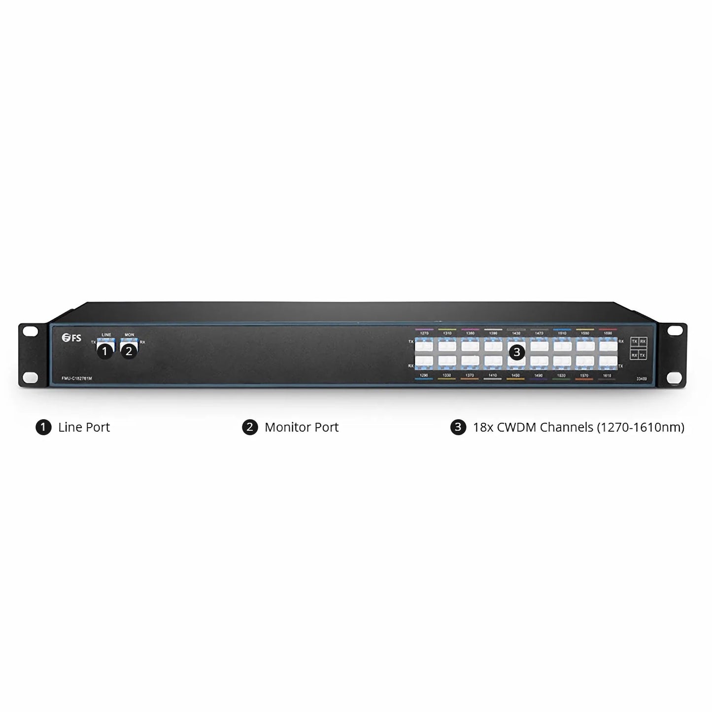 18 Channels CWDM Mux Demux, 1270-1610nm, with Monitor Port, 2.2dB Typical IL, LC/UPC, Dual Fiber, FMU 1U Rack Mount