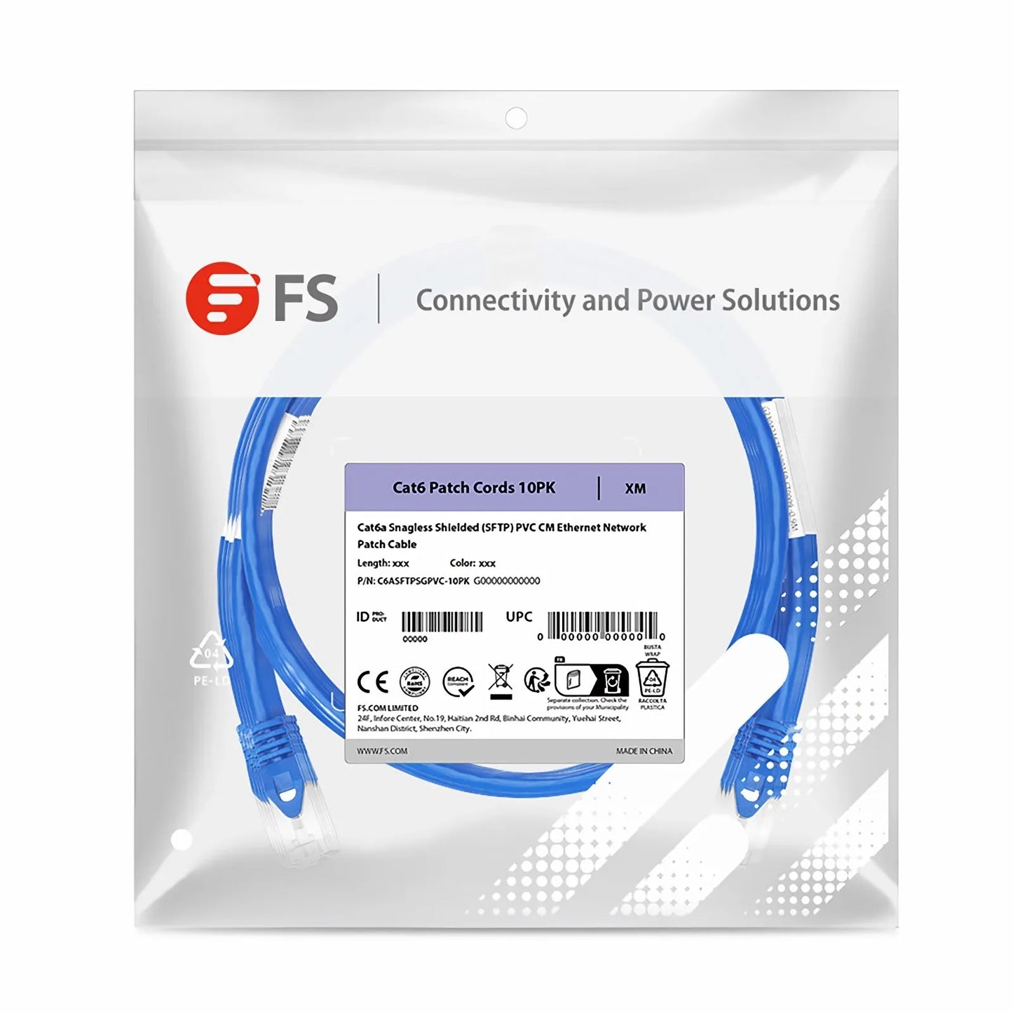 2ft (0.6m) Cat6a 26AWG Snagless Shielded (S/FTP) PVC CM Ethernet Network Patch Cable, Blue, 10Pcs/pack