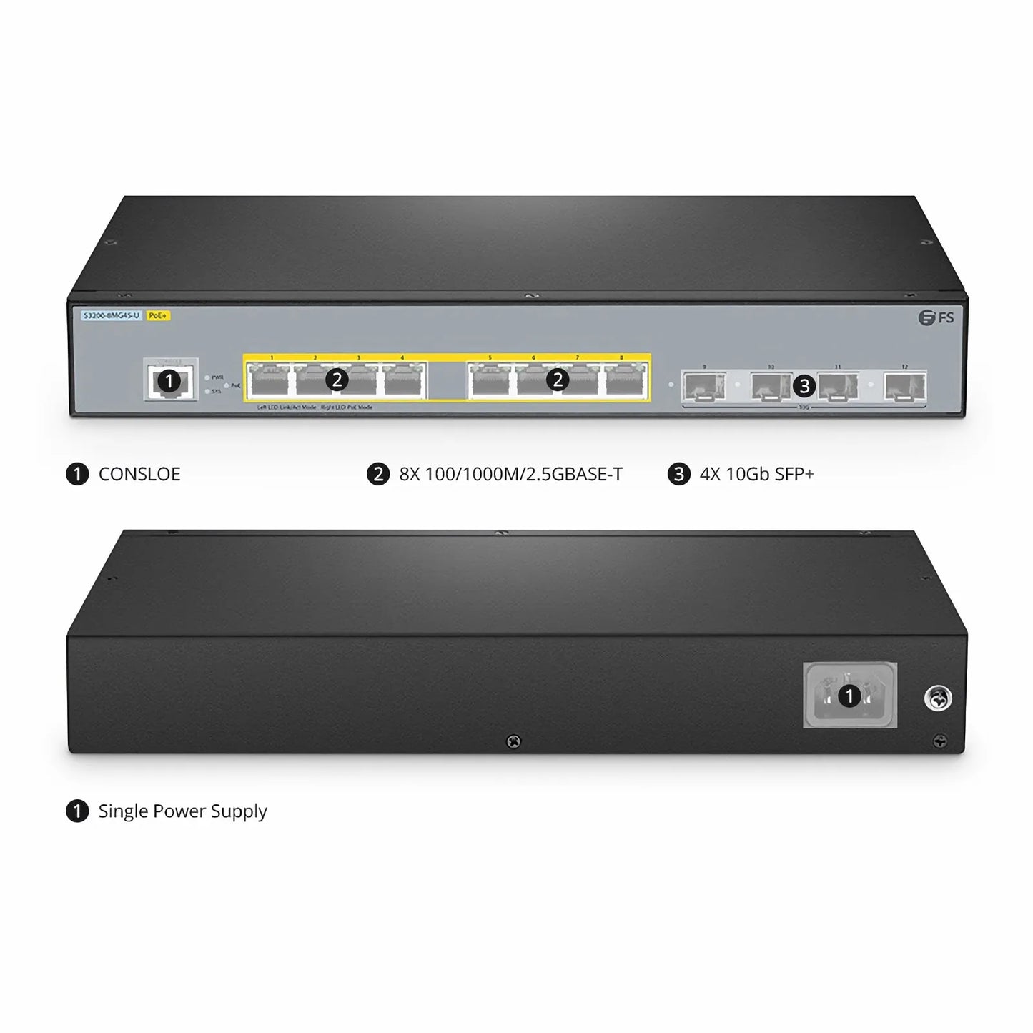 S3200-8MG4S-U, 8-Port Ethernet L2+ Managed PoE+ Switch, 8 x 100M/1000M/2.5G Multi-Gigabit RJ45, with 4 x 10Gb SFP+ Uplinks
