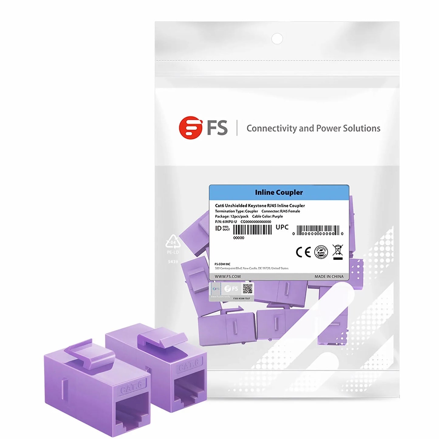 Cat6 Keystone RJ45 Coupler, Unshielded, Female to Female Insert Inline Coupler - Purple (12pcs/pack)