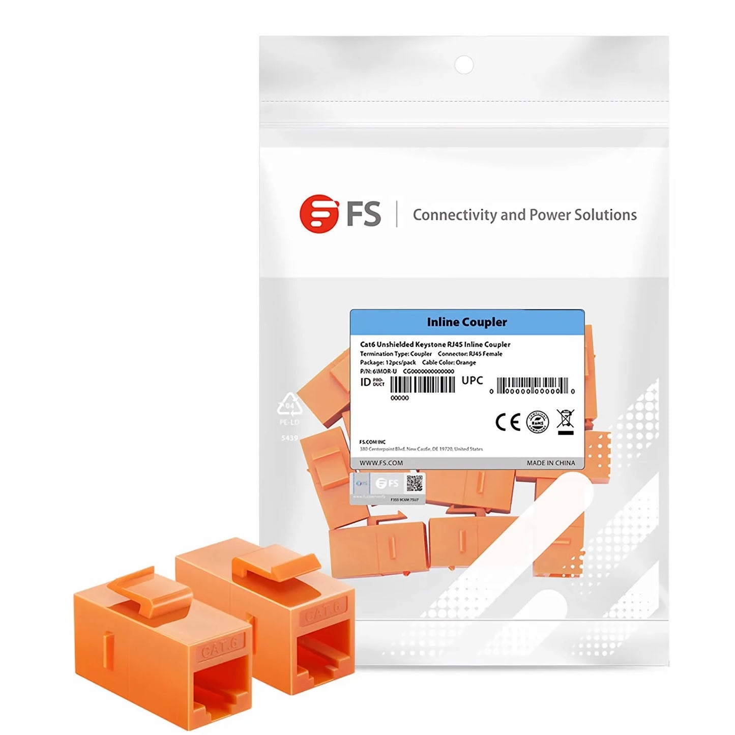 Cat6 Keystone RJ45 Coupler, Unshielded, Female to Female Insert Inline Coupler - Orange (12pcs/pack)