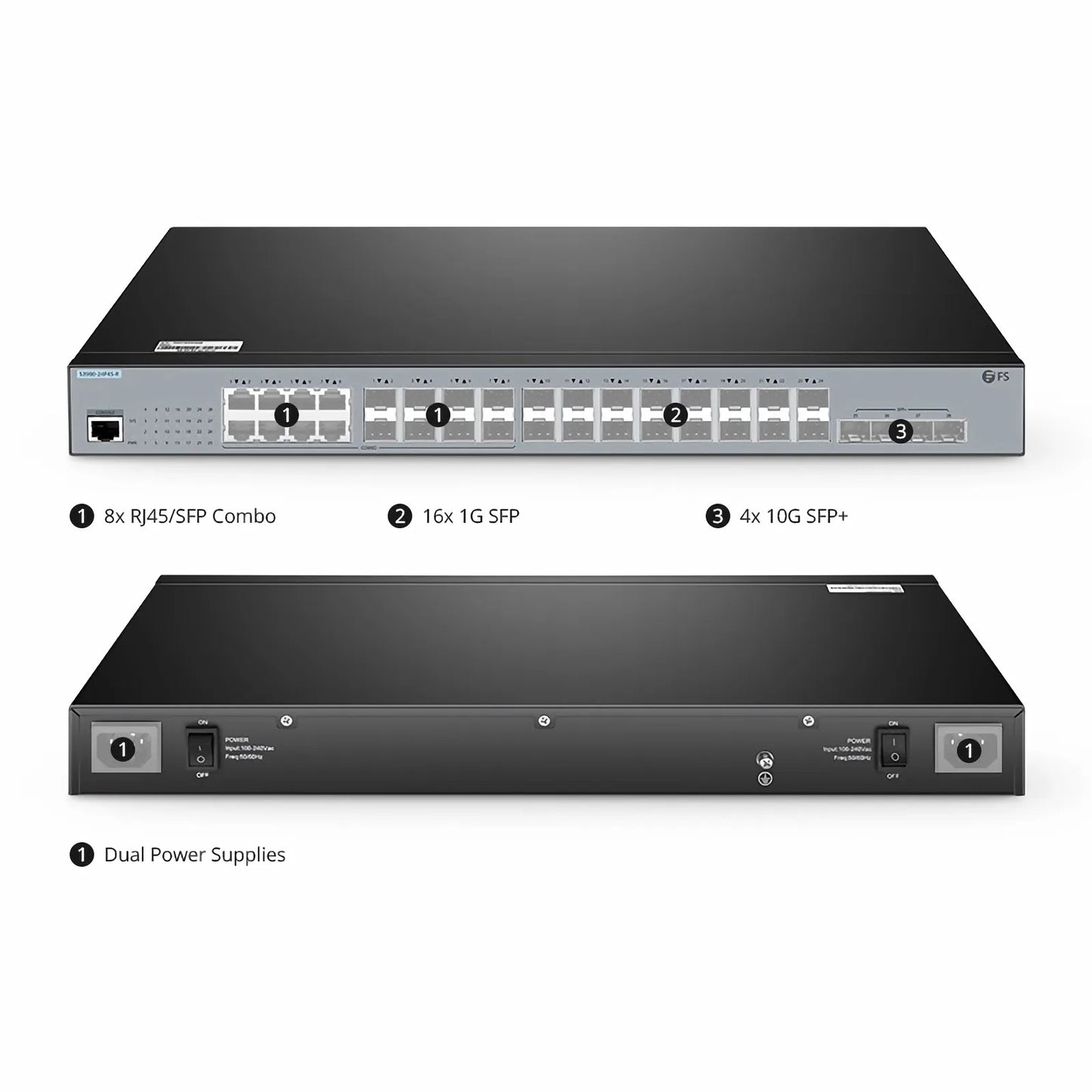 S3900-24F4S-R, 24-Port Gigabit Ethernet L2+ Switch, 16 x 1Gb SFP, 8 x 1Gb RJ45/SFP Combo Ports, with 4 x 10Gb SFP+ Uplinks, Stackable Switch