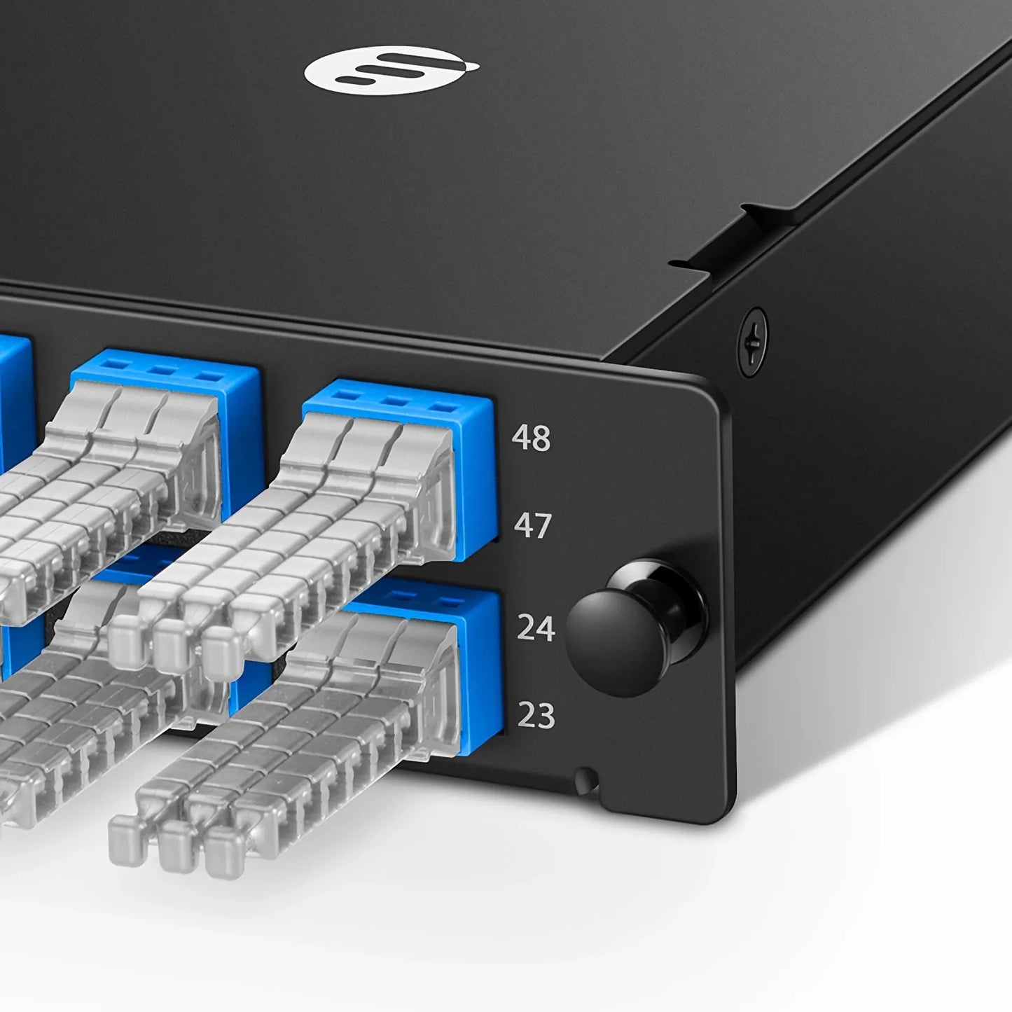 FHD™ MTP®-MDC Cassette, OS2 Single Mode, Type A, 48 Fibers, 4 x MTP®-12 (Male) to 8 x MDC 3-Port Duplex (Blue), 0.35dB Max.
