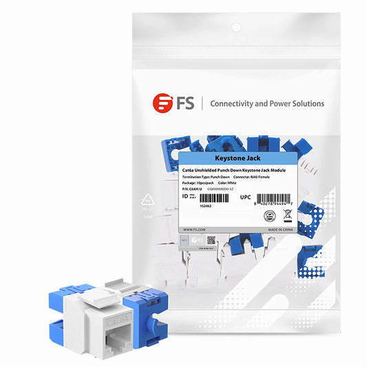 Cat6a RJ45 (8P8C) Unshielded Punch Down Keystone Jack Module, White (10 pcs/Pack)