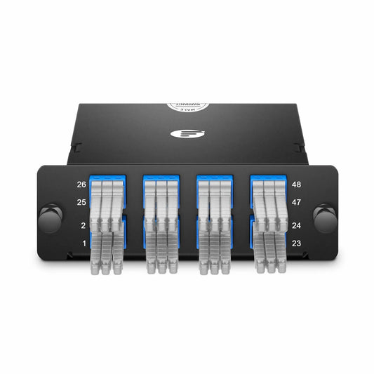 FHD™ MTP®-MDC Cassette, OS2 Single Mode, Type A, 48 Fibers, 4 x MTP®-12 (Male) to 8 x MDC 3-Port Duplex (Blue), 0.35dB Max.