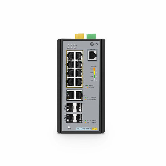 IES3110-8TFM-P, 8-Port Gigabit Ethernet L2+ Managed Industrial PoE+ Switch, 8 x PoE+ Ports @240W, and 2 x 10/100/1000BASE-T, with 2 x 1Gb SFP, 2 x 1/2.5Gb SFP, -40 to 75°C Operating Temperature