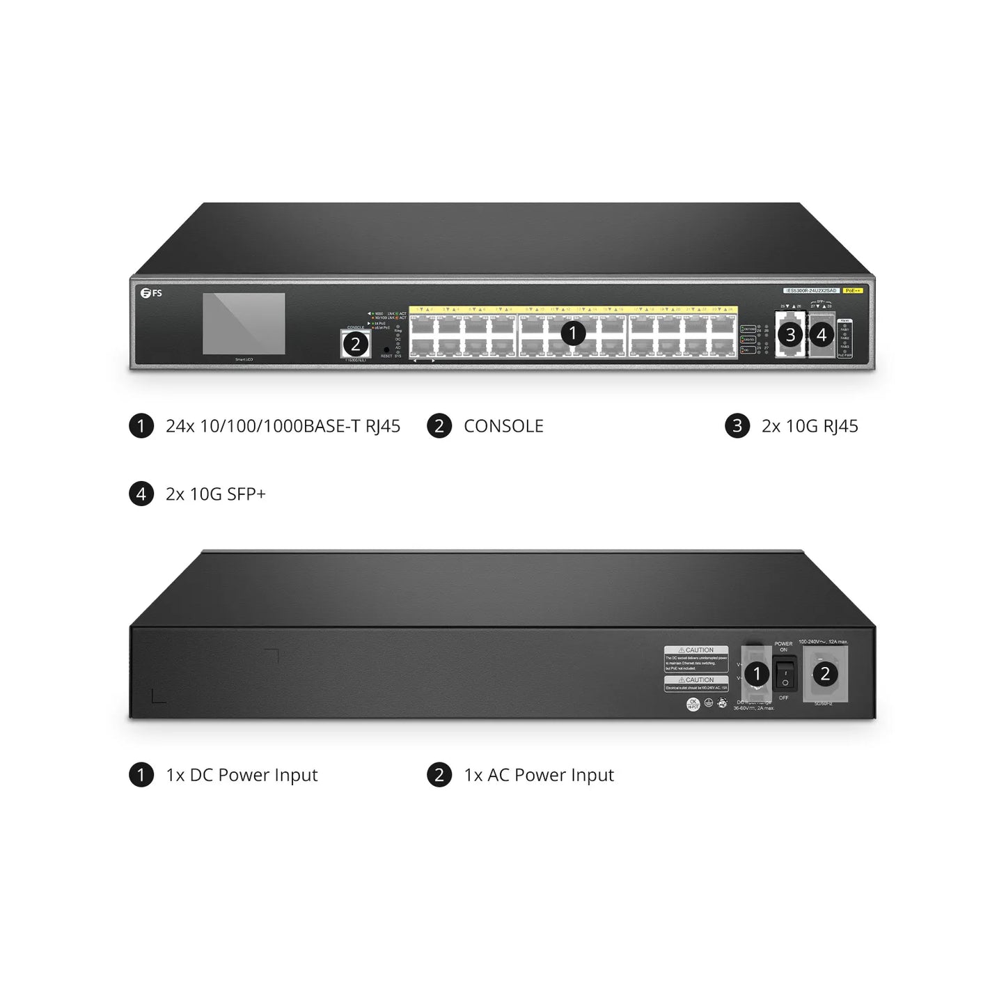 IES5300R-24U2X2SAD, 24-Port Gigabit Ethernet L3 Managed PoE++ Switch, 24 x PoE++ Ports@720W, 2 x 10GBASE-T, with 2 x 10Gb SFP+, 0 to 50°C Operating Temperature