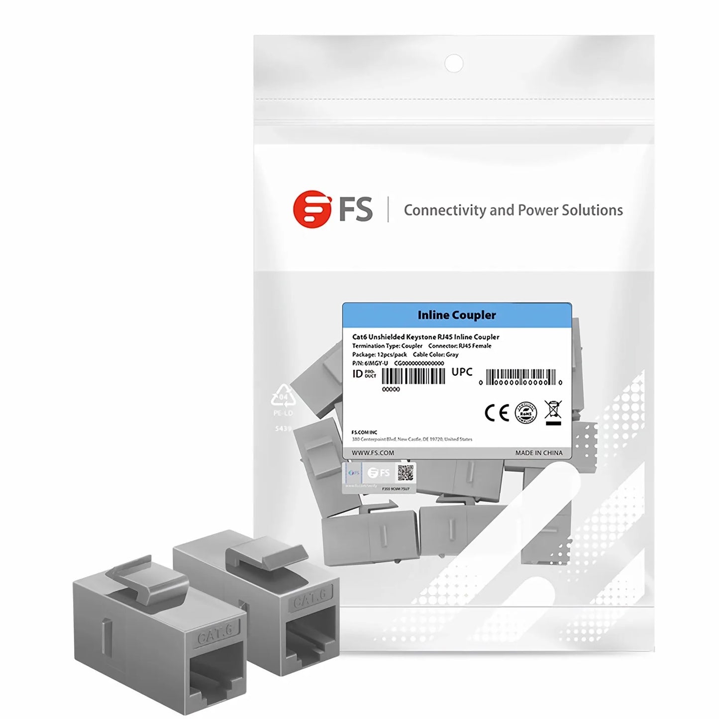 Cat6 Keystone RJ45 Coupler, Unshielded, Female to Female Insert Inline Coupler - Gray (12pcs/Pack)