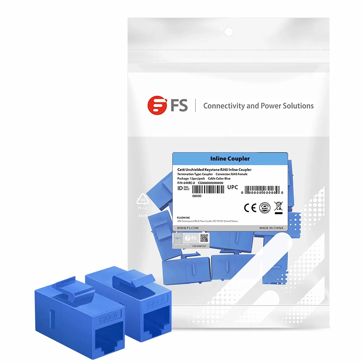 Cat6 Keystone RJ45 Coupler, Unshielded, Female to Female Insert Inline Coupler - Blue (12pcs/Pack)