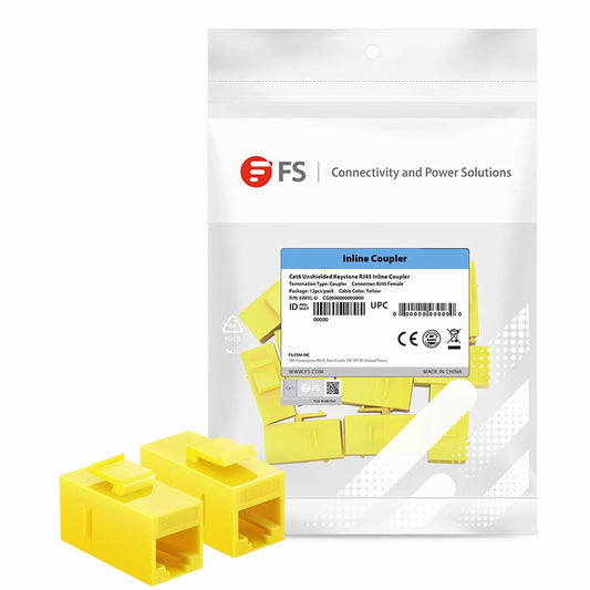 Cat6 Keystone RJ45 Coupler, Unshielded, Female to Female Insert Inline Coupler - Yellow (12pcs/Pack)