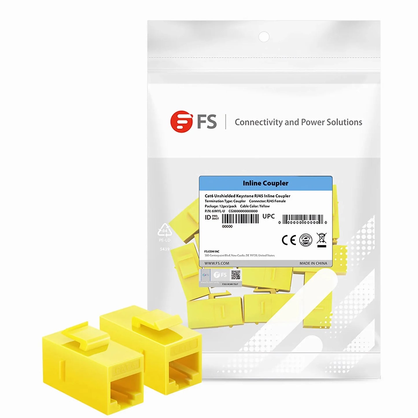 Cat6 Keystone RJ45 Coupler, Unshielded, Female to Female Insert Inline Coupler - Yellow (12pcs/Pack)