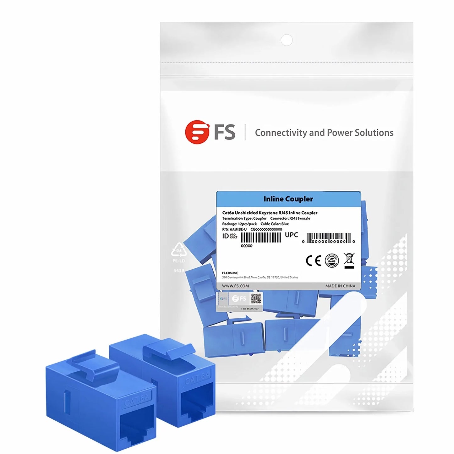 Cat6a Keystone RJ45 Coupler, Unshielded, Female to Female Insert Inline Coupler - Blue (12pcs/Pack)