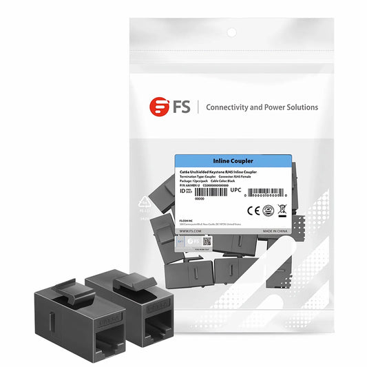 Cat6a Keystone RJ45 Coupler, Unshielded, Female to Female Insert Inline Coupler - Black (12pcs/pack)
